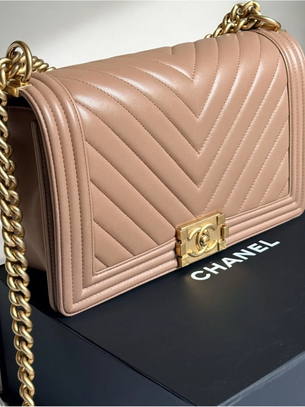 CHANEL Chevron Quilted Medium Boy Bag in Beige - Picture 1 of 14